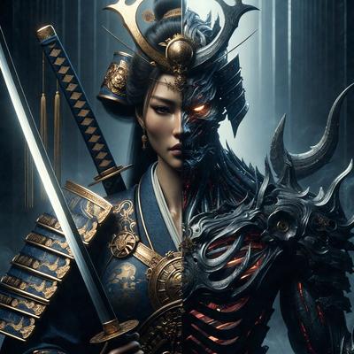 The primary subject of the image is a woman dressed in a blue and gold outfit, holding a sword. She is standing next to a demon-like creature with a sword in its hand. The setting appears to be a dark and ominous environment, possibly a dungeon or a battlefield. The visual style of the image is digital art, with the woman and the demon-like creature being depicted in a detailed and realistic manner. The colors in the image are predominantly dark, with the woman's outfit